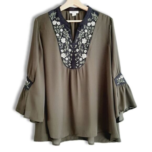 STYLE & CO Boho Peasant Blouse Floral Embroidered Flowy Bell Sleeve Sz L - Picture 1 of 15